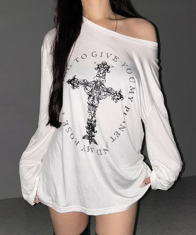 【 ワンショルにできる２ｗａｙ 】クロスロゴプリントワンショルルーズシアーＴシャツ ／ 2WAY cross logo print one shoulder loose sheer T-shirt
