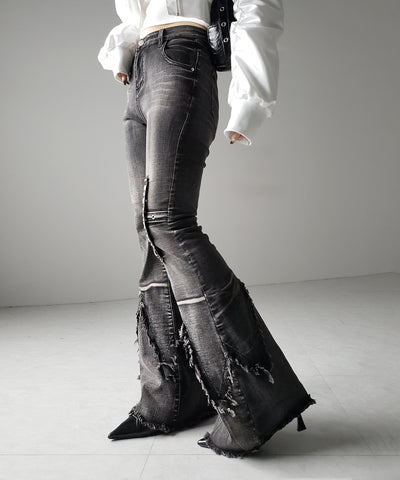 【 ２color ／ ４size 】クロスデザインヴィンテージライクフリンジストレッチフレアデニム ／ cross design vintage-like fringe stretch flare denim