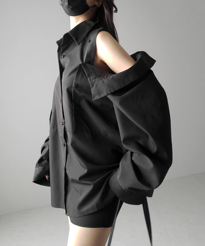 【 ３color 】オープンショルダーカットアウトビッグシャツ ／ open shoulder cutout big shirt
