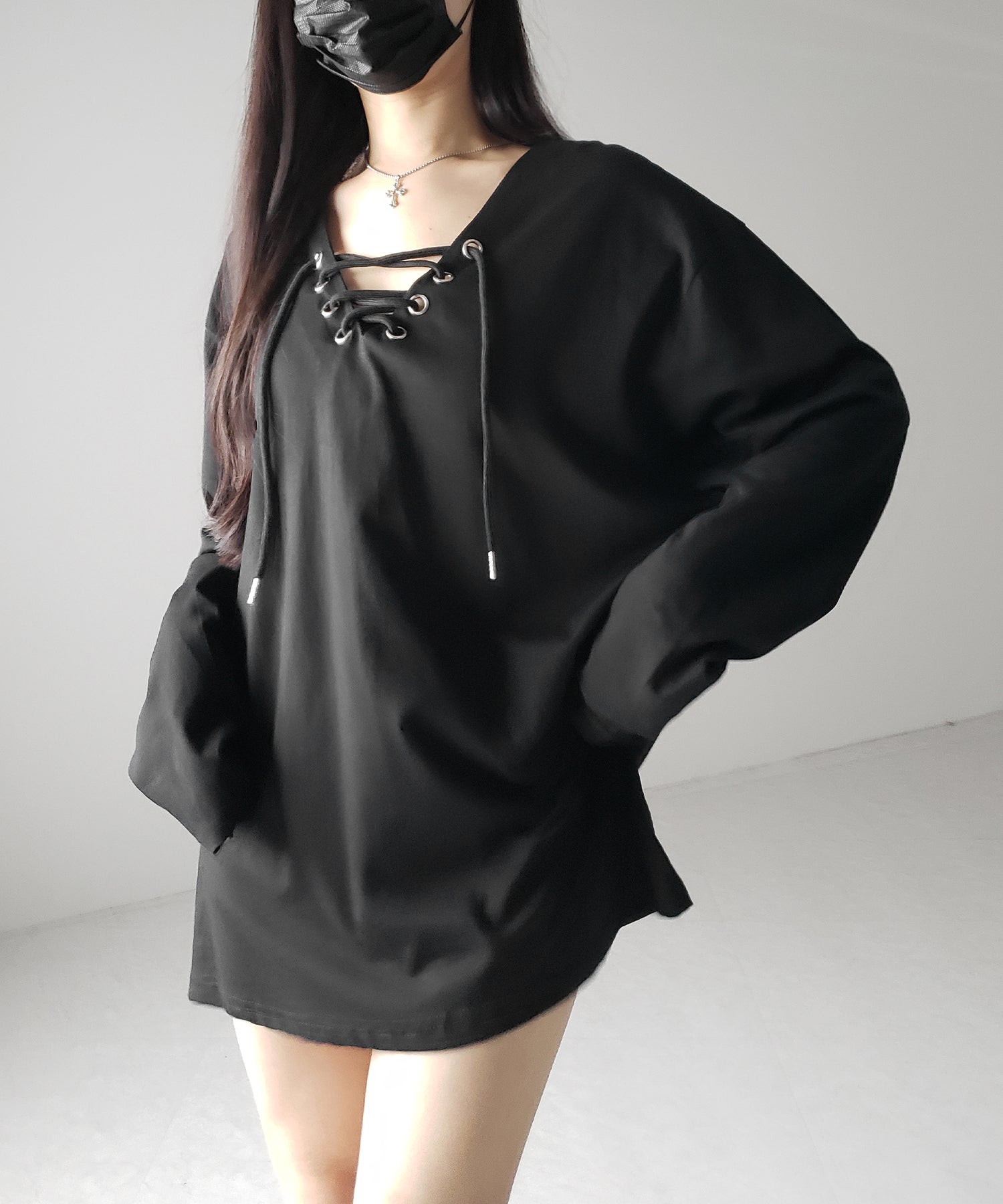 【 ２color 】レースアップルーズシルエット長袖ビッグTシャツ ／ laceup loose silhouette long sleeve big T-shirt