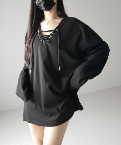 【 ２color 】レースアップルーズシルエット長袖ビッグTシャツ ／ laceup loose silhouette long sleeve big T-shirt