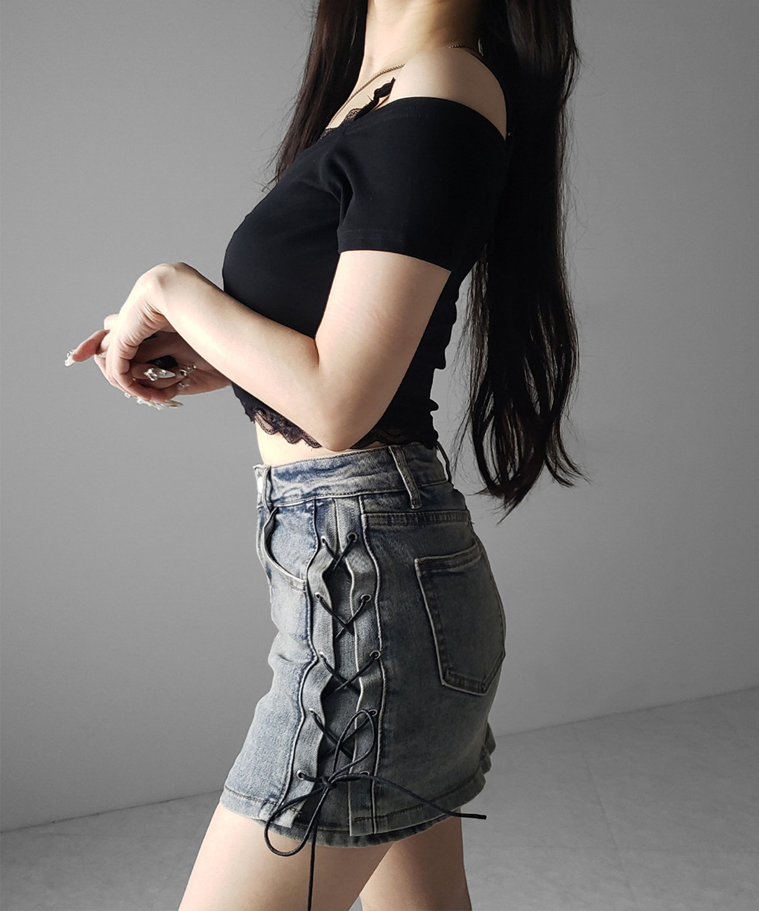 レースアップストレッチデニムミニスカパン ／ lace up stretch denim mini skirt pants