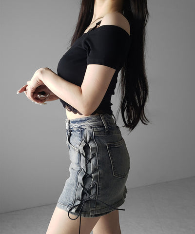 レースアップストレッチデニムミニスカパン ／ lace up stretch denim mini skirt pants