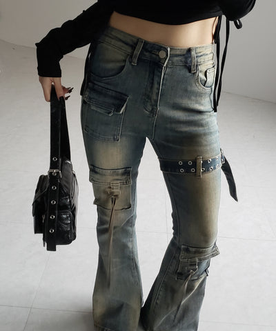 【 ２color ／ ４size 】ベルテッドアウトポケットヴィンテージフレアデニム ／ belted out pocket vintage flare denim
