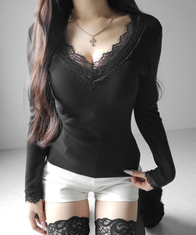 【 微起毛 】レーストリムタイトリブ長袖Ｔシャツ ／ lace trim tight rib long sleeve T-shirt