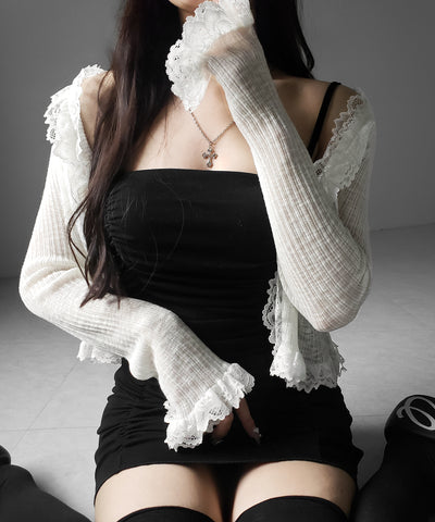 レースフリルシアーニットカーディガン ／ lace frill sheer knit cardigan