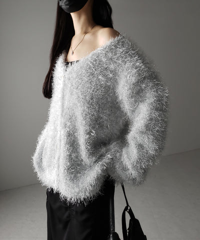 【 ２color 】ラメシャギーオーバーニットカーディガン ／ rame shaggy over knit cardigan
