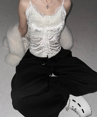 フロントボタンレースベロアショートキャミソール ／ front button lace velor short camisole