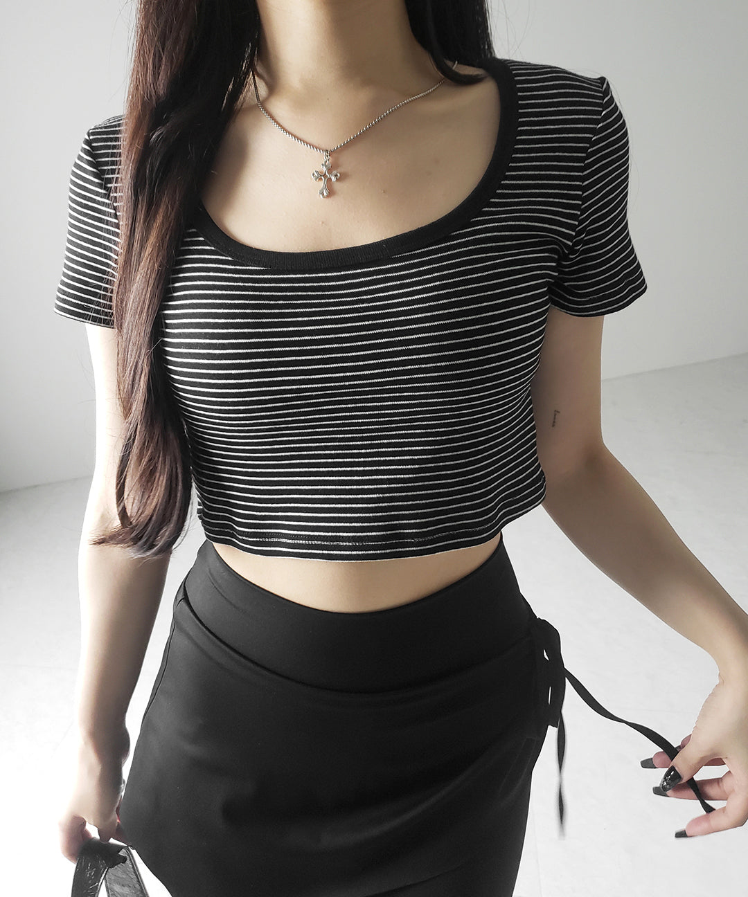 【 ２color 】ピンボーダースクエアネックショートＴシャツ ／ pin border square neck short T-shirt