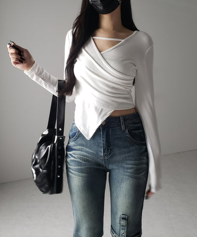 【 ３color 】ラインストラップギャザークロスレイヤードトップス ／ line strap gather cross layered Tops