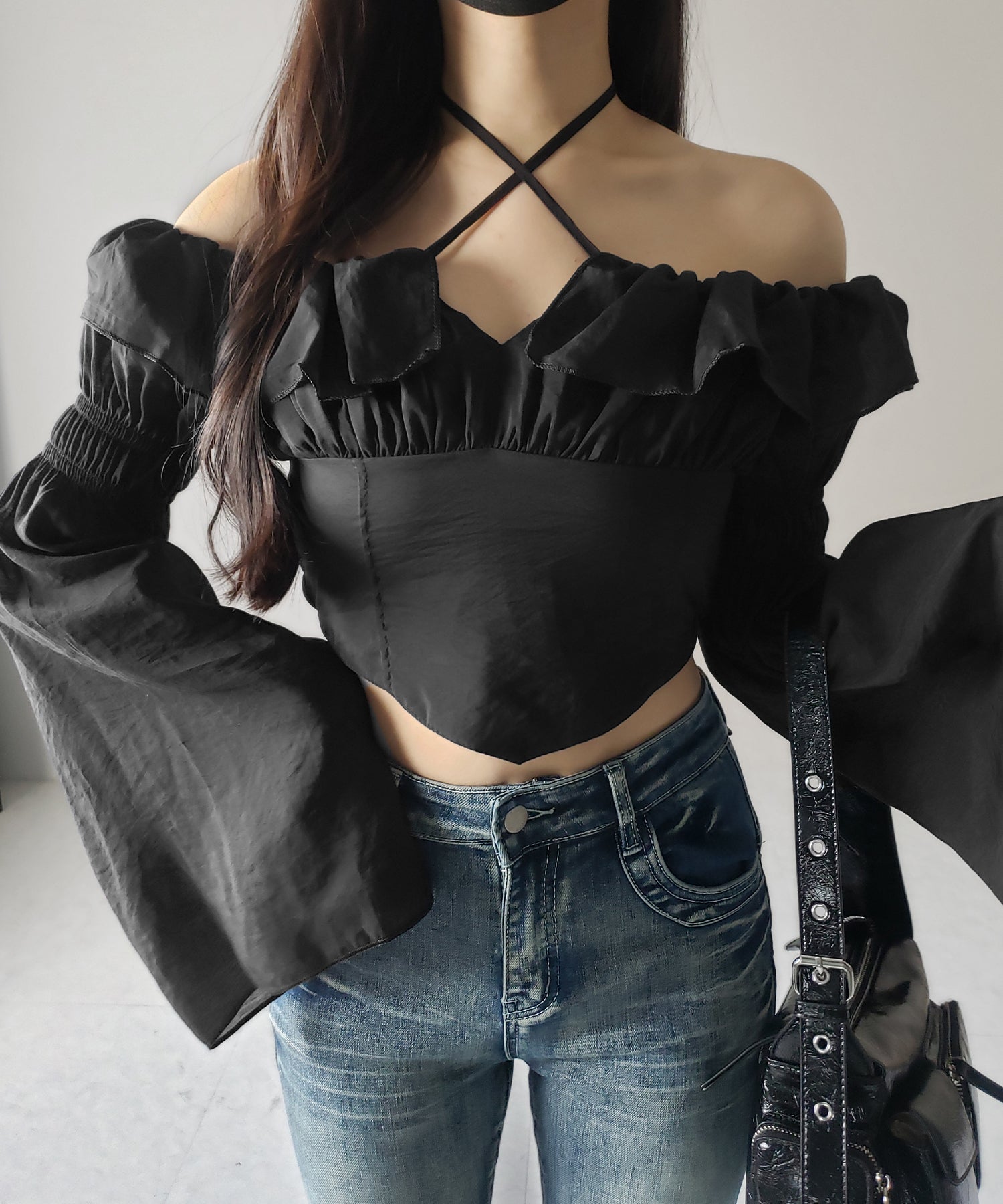 【 ２color ／ ３WAY 】チョーカーリボンフレアスリーブオフショルブラウス ／ choker ribbon flare sleeve off-shoulder blouse