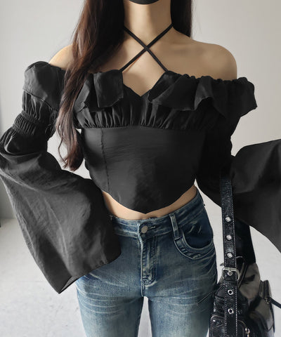 【 ２color ／ ３WAY 】チョーカーリボンフレアスリーブオフショルブラウス ／ choker ribbon flare sleeve off-shoulder blouse