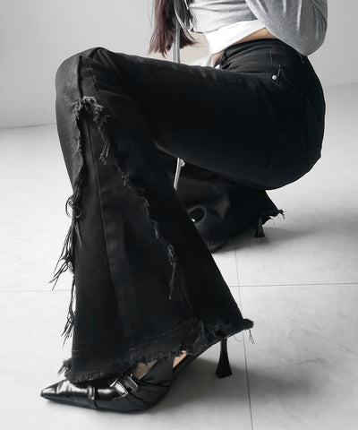 ヴィンテージライクフリンジストレッチフレアデニム ／ Vintage-like fringe stretch flare denim