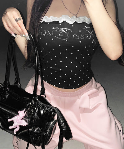 ラインストーンドットフリルベアトップス ／ Rhinestone dot frill bare tops