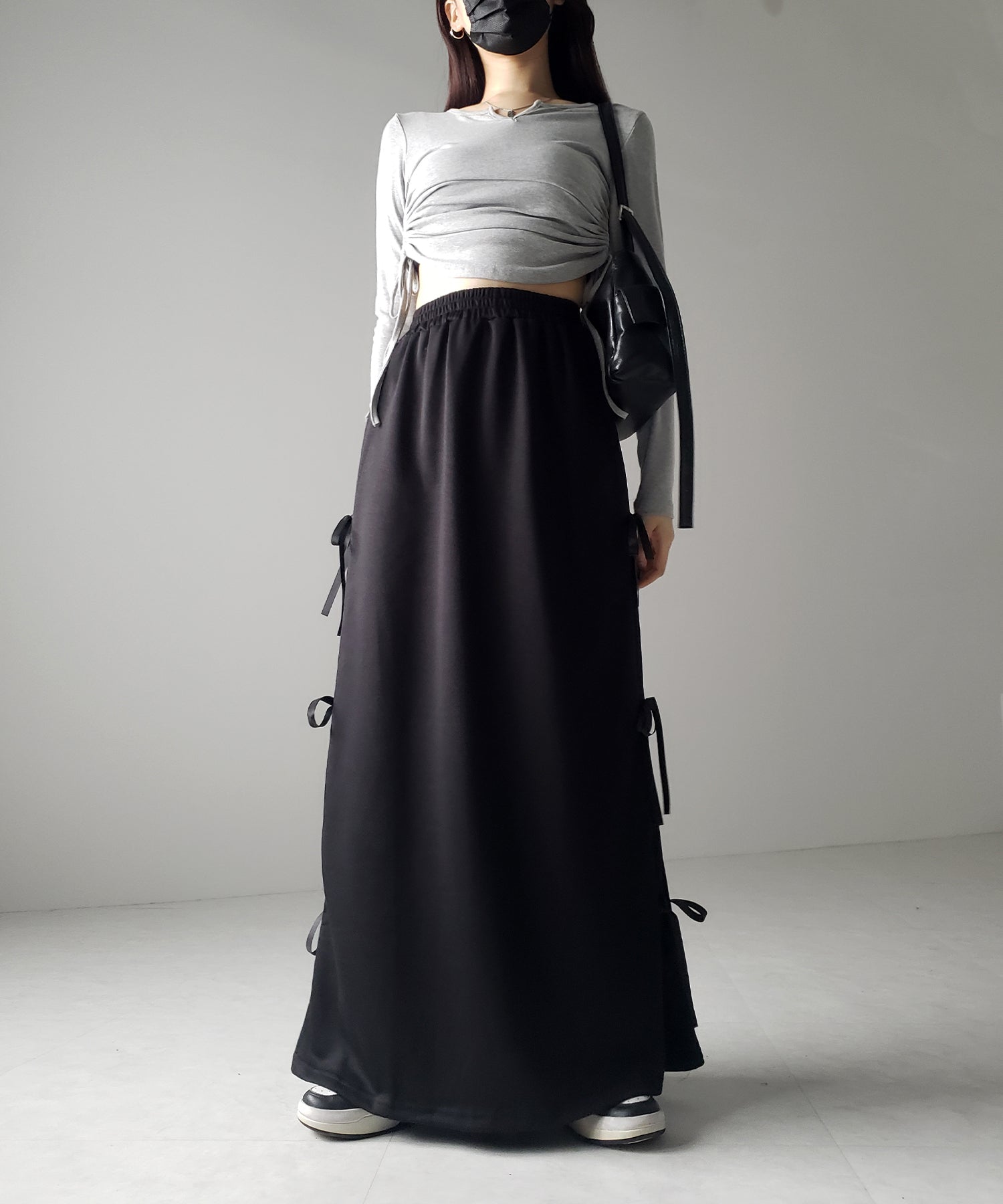 【 ２color 】３ストラップサイドリボンロングスウェットスカート／ three strap side ribbon long sweat skirt