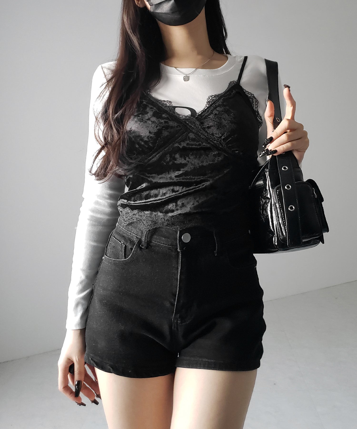 【 カップ付き 】レーシーベロアショートビスチェキャミソール ／ velor lacy short bustier camisole
