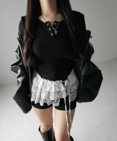 【 ２color 】ストラップリボンレースフリルミニ巻きスカート ／ strap ribbon lace frill mini wrap skirt
