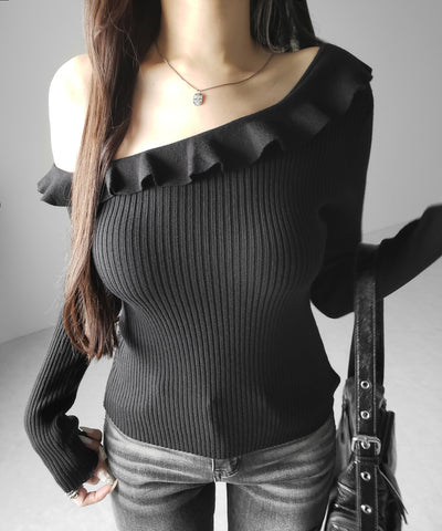ワンショルフリルタイトリブニットトップス ／ one-shoulder frill tight rib knit tops