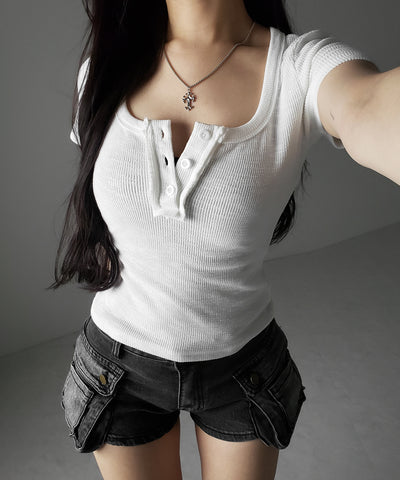 スクエアヘンリーネック半袖ピチＴシャツ ／square henley neck short sleeve pichi T-Shirt