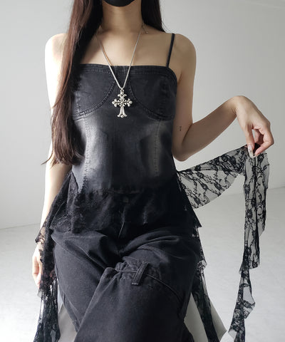 ヴィンテージライクレースフリルデニムビスチェ ／ vintage like lace frill denim bustier