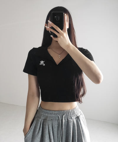 【 ２color 】M LOGO スキッパーショート半袖Tシャツ ／ M LOGO skipper neck short sleeve T-shirt