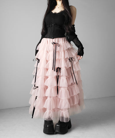【 新色ピンク追加！／５color 】ストラップリボンバレエコアチュールスカート ／strap ribbon ballet core tulle skirt