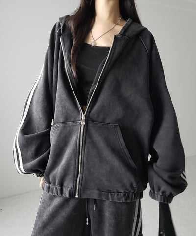 ピグメントヴィンテージ加工サイドラインジップアップパーカー ／ Pigment vintage side line zip-up hoodie