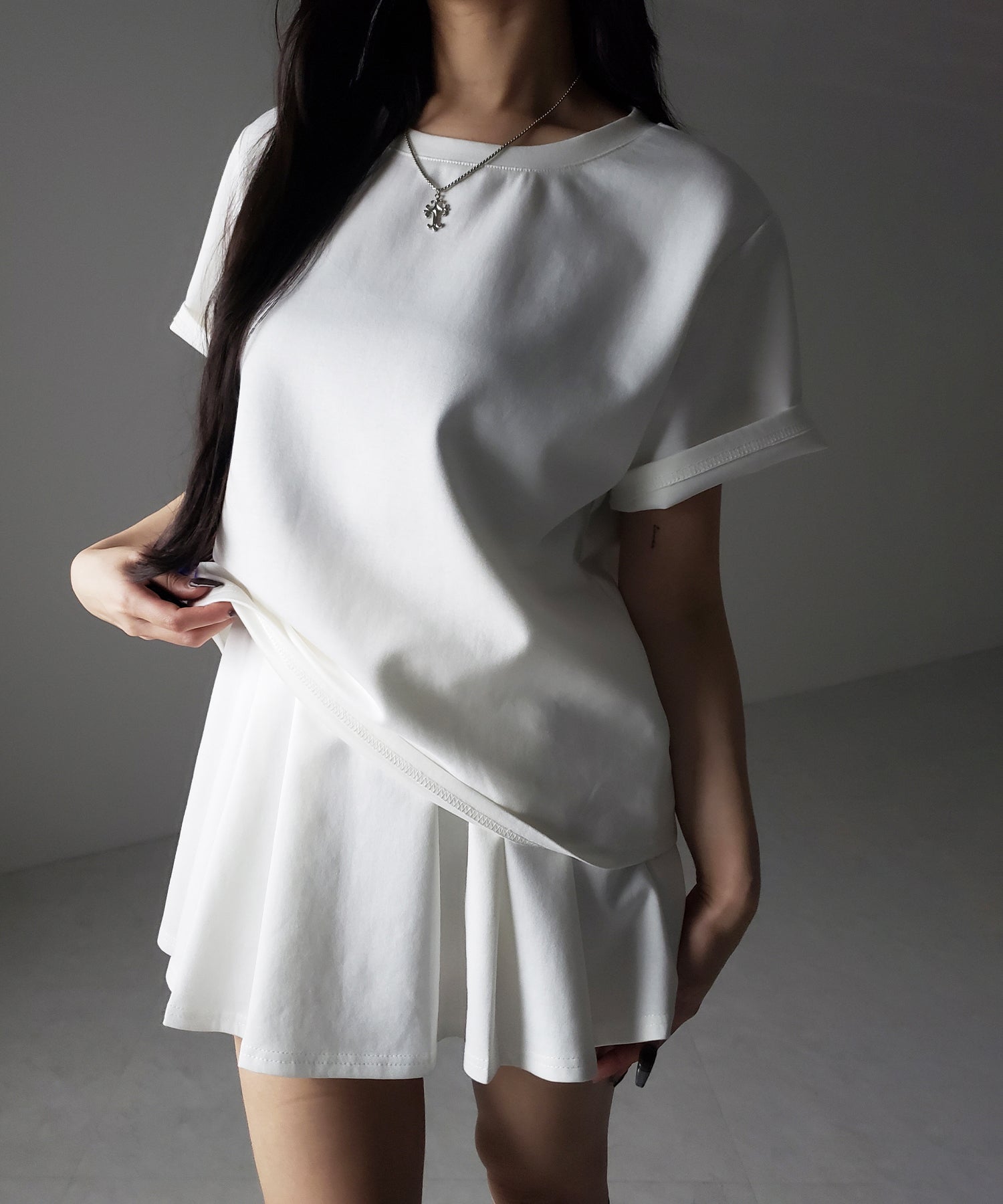 【 セットアップ 】オーバーサイズ半袖Ｔシャツ＋プリーツミニスカート SET ／( SETUP ) oversize shortsleeve Tee + pleated mini skirt SET