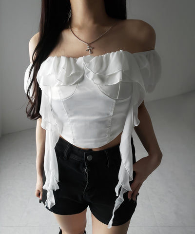 【 ２color ／ ２WAY 】シアーフリルコルセットサテンショートブラウス ／ sheer frill corset satin short blouse