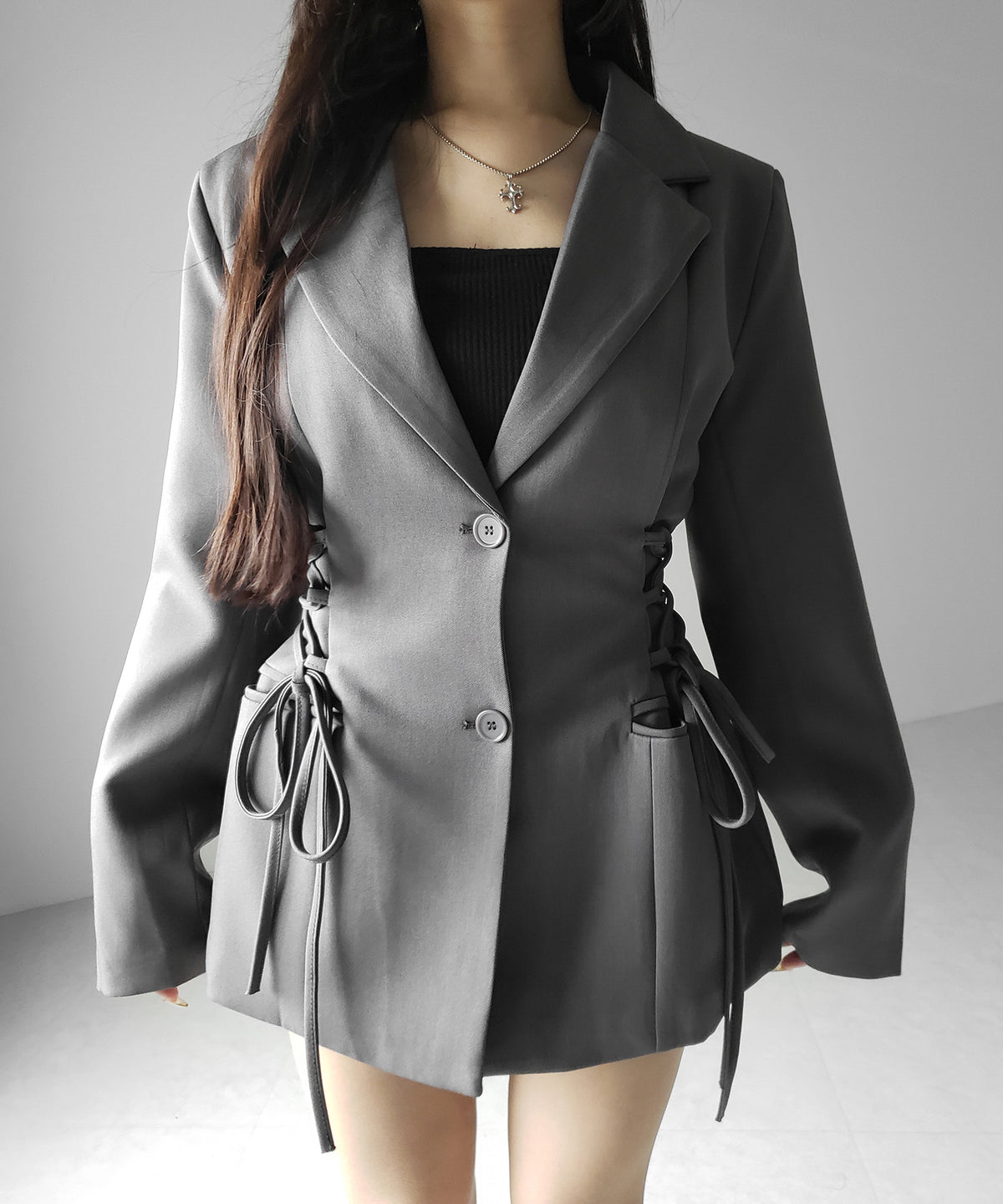 レースアップリボンスリムテーラードジャケット ／ lace-up ribbon slim tailored jacket