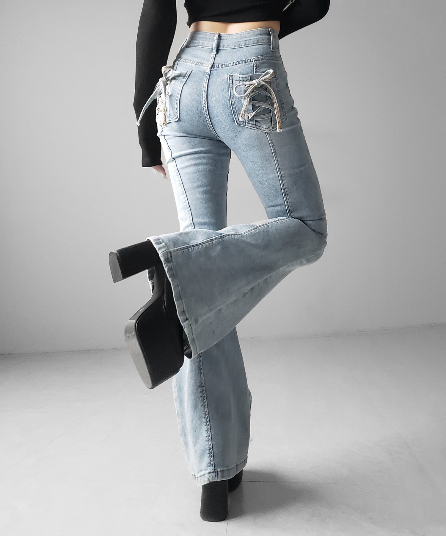 【４size 】バックリボンレースアップ美脚ストレッチフレアデニム ／ back ribbon lace up slim leg stretch flare denim