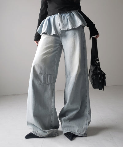 【 ２color ／ ４size 】フリルドッキングレイヤードヴィンテージワイドデニム ／ frll docking layered vintage wide denim