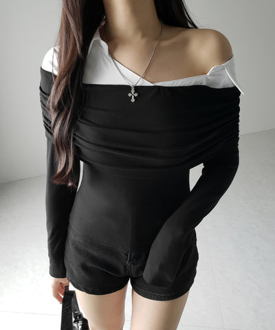【 ２color 】シャツドッキングワイドオフショルトップス ／ shirt docking wide off shoulder tops