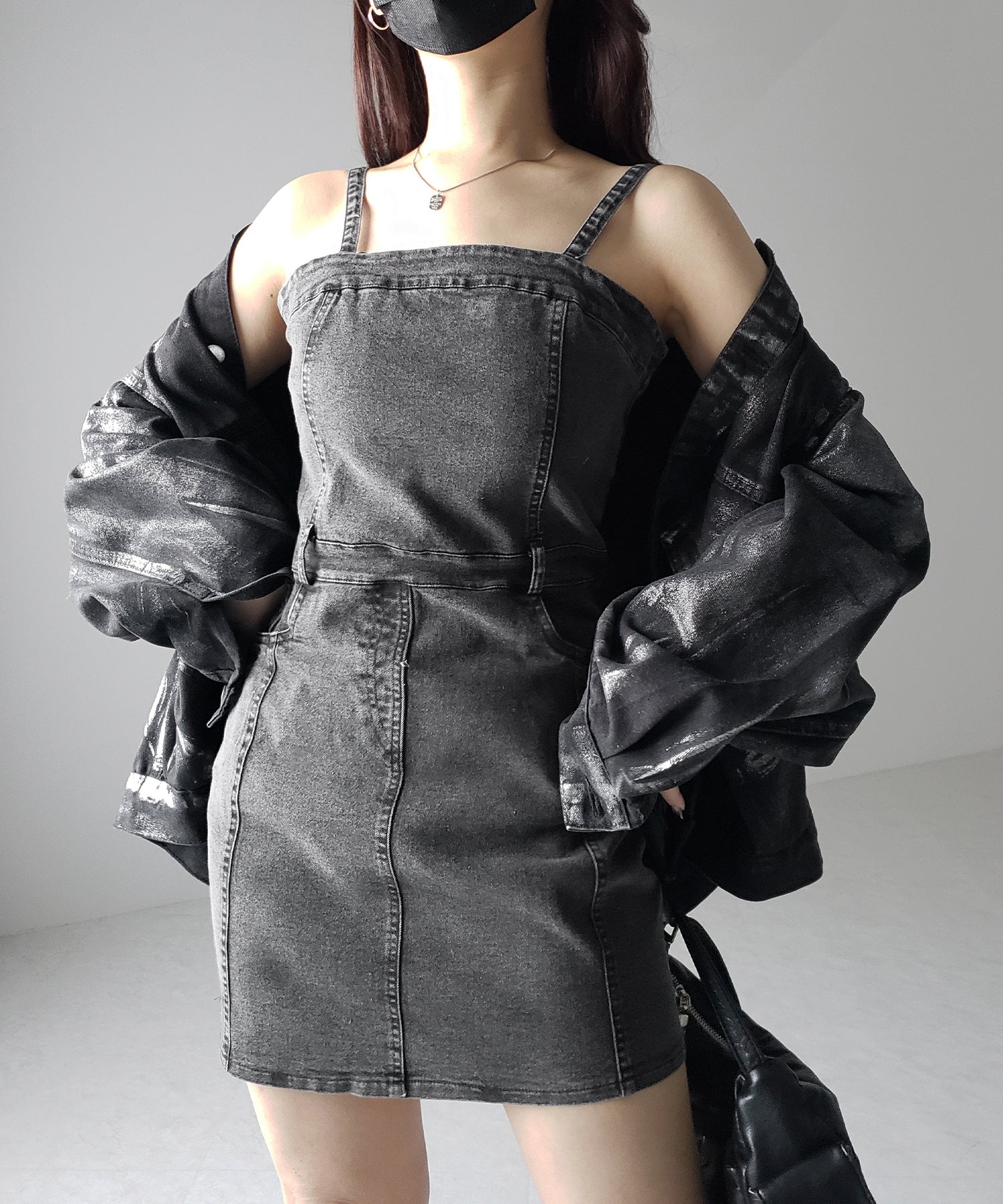 【 ２color 】ウォッシュデニムハイウエストミニキャミワンピース ／ wash denim high waist mini cami onepiece