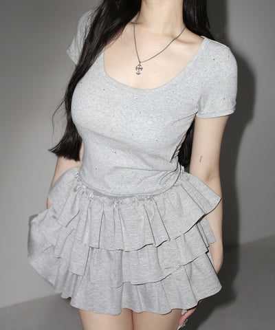 ラインストーンスクエアネックタイトＴシャツ ／Rhinestone square neck tight T-shirt