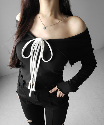 バイカラーリボンオフショルショートトップス ／ bicolor ribbon off shoulder short tops