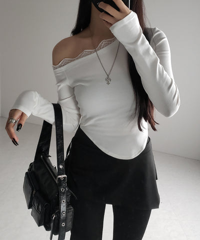 【 ２color 】ワンショルダーレースポイントスリムカットソートップス ／ one shoulder lace point slim cutsew tops