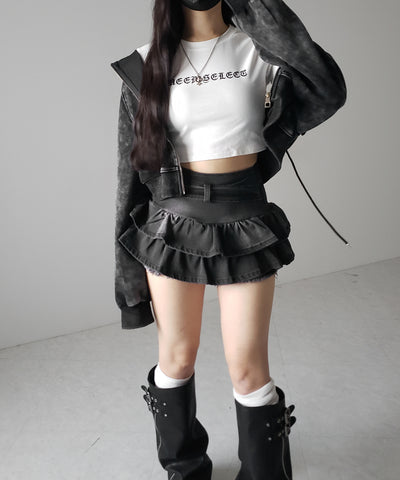【 ２color 】ベルテッドフリルヴィンテージデニムミニスカパン ／ Belted frill vintage denim mini skirt pants