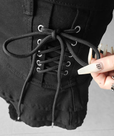 【 インパン裏地付 】レースアップブラックフリルミニスカート ／ laceup black frill mini skirt