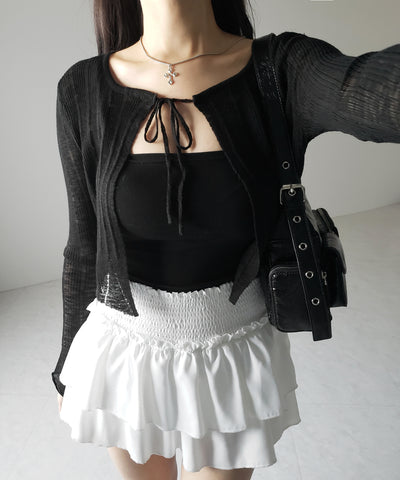 【 ２color 】フロントリボンシアーニットショートカーディガン ／ front ribbon sheer knit short cardigan