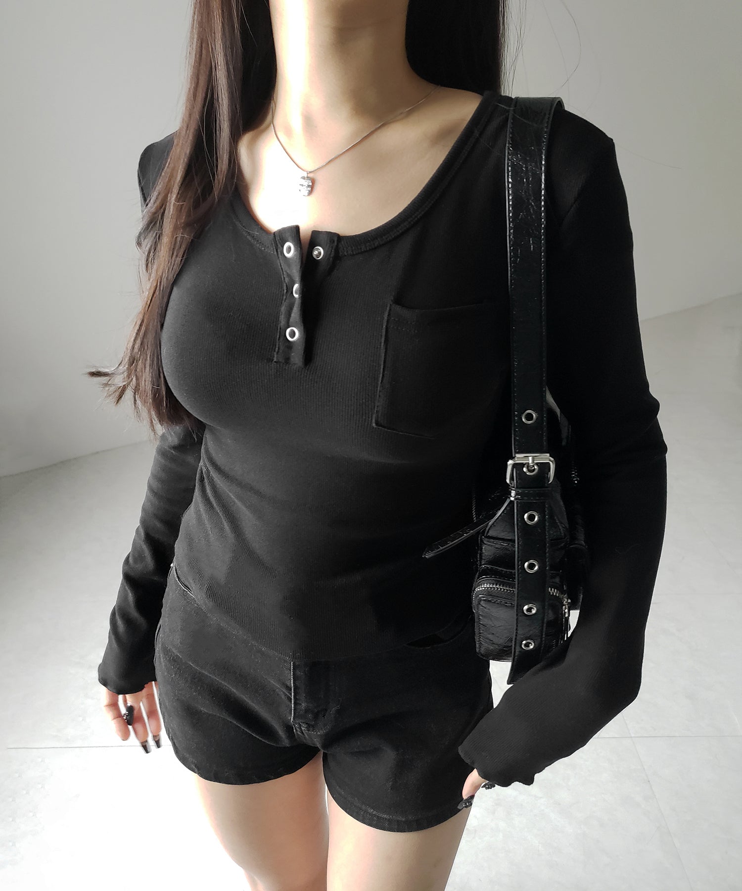 裏起毛ヘンリーネックスリムトップス ／ urakimo henry neck slim tops