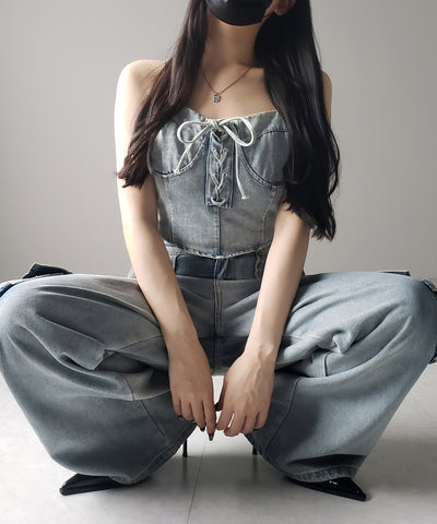【 ２color 】レースアップリボンコルセットデニムビスチェ ／ lace up ribbon corset denim bustier