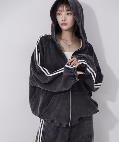 ピグメントヴィンテージ加工サイドラインジップアップパーカー ／ Pigment vintage side line zip-up hoodie