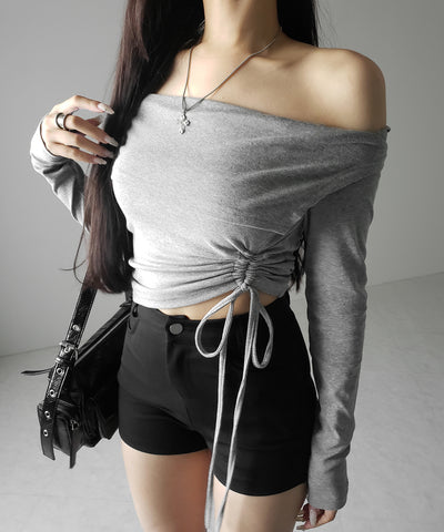 シャーリングリボンショートオフショルカットソートップス ／ shirring ribbon short off shoulder cutsew tops