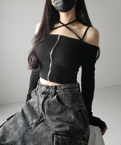 【 ３color ／ カップ付 】フロントジップクロスストラップオフショルトップス ／ front zip cross straps off-shoulder tops