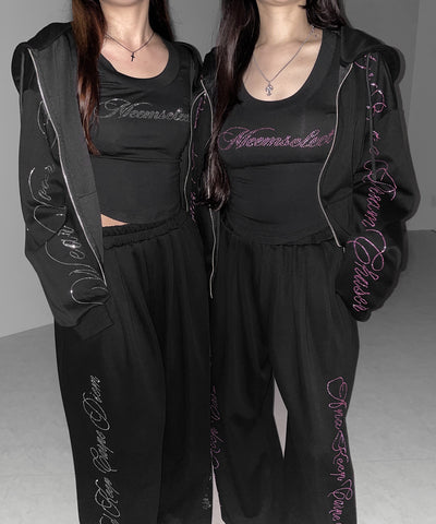 【 セットアップ可能 】ラインストーンロゴワイドスウェットパンツ ／ Rhine stone logo wide sweatpants