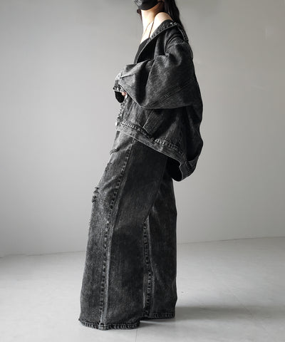 【 デニムセットアップ着用可能 】ヴィンテージケミカルブリーチタックダメージワイドデニム ／ vintage chemical bleach tuck damage wide denim