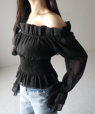 【 ２color ／ ２WAY 】ウエストシャーリングシアーフリルオフショルブラウス ／ waist shirring sheer frill off shoulder blouse