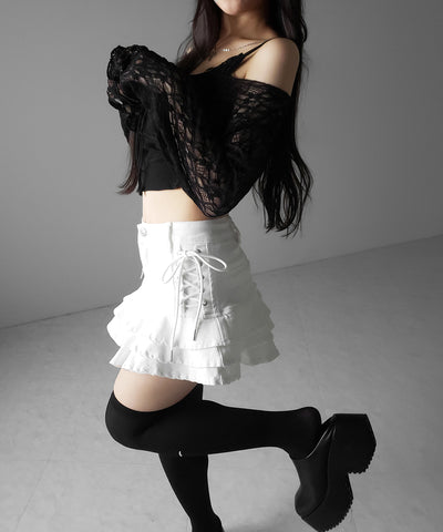 【 インパン裏地付 】レースアップブラックフリルミニスカート ／ laceup black frill mini skirt