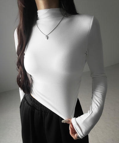 【 カップ付き ／ 裏起毛 】プチハイネックシャーリングショートカットソートップス